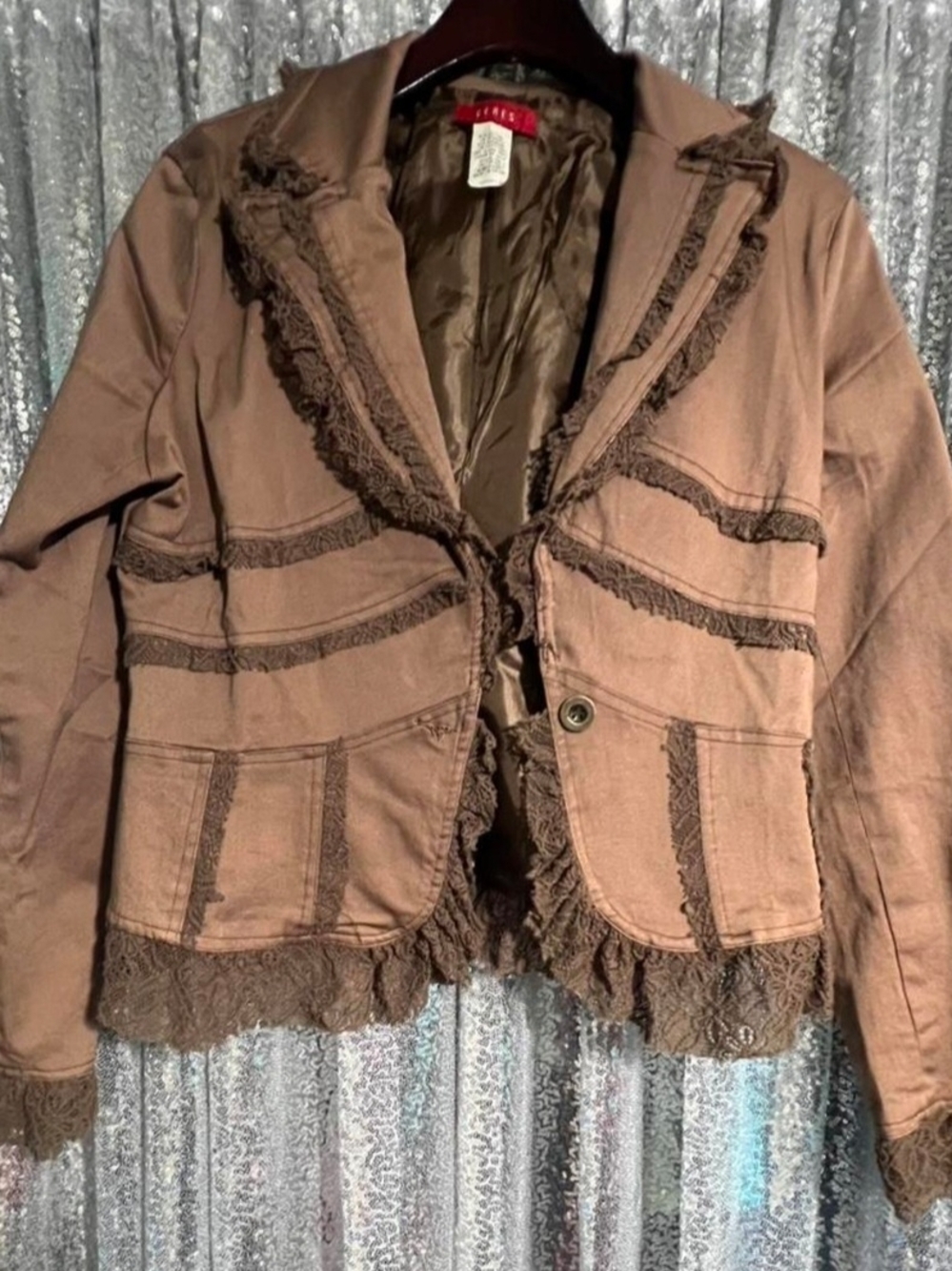 Brown Lace Trim Embroidered Women's Blazer Jacket